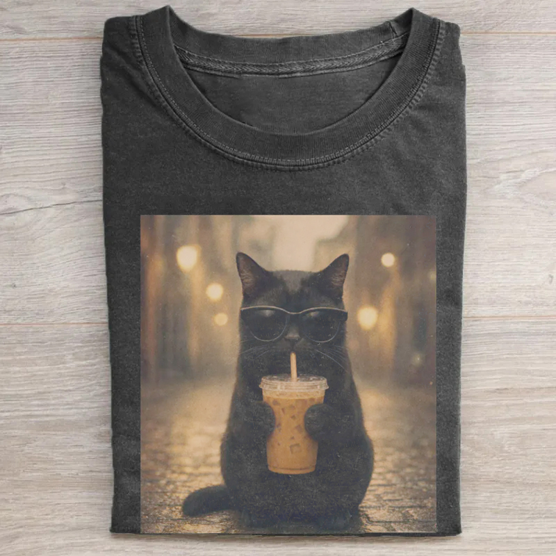 Black Cat Iced Coffee Vintage Photo T-Shirt