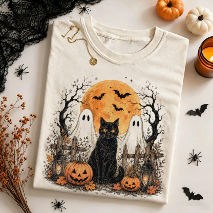 Black Cat Halloween Fall T-shirt