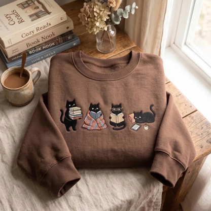 Embroidered Black Cats Reading Sweatshirt