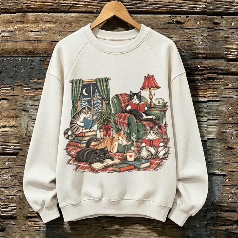 Christmas Cat Reading Books Sweatshirt