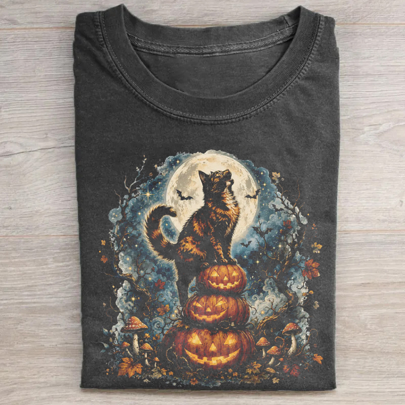 Spooky Pumpkin Moon Cat T-Shirt