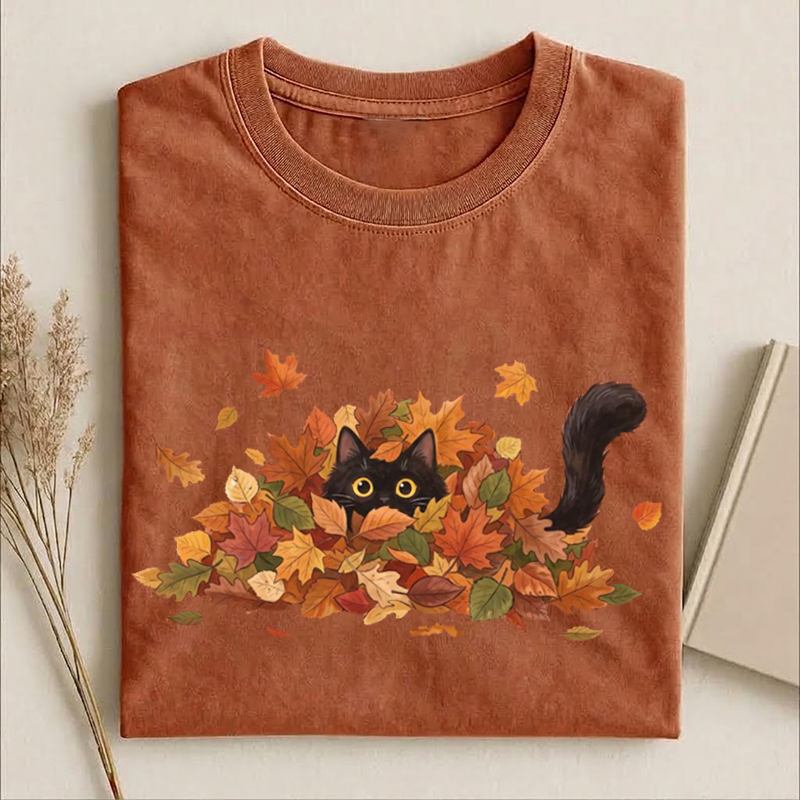 Black Cat Autumn Leaves T-shirt