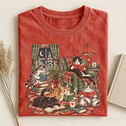 Christmas Cat Reading Books T-shirt