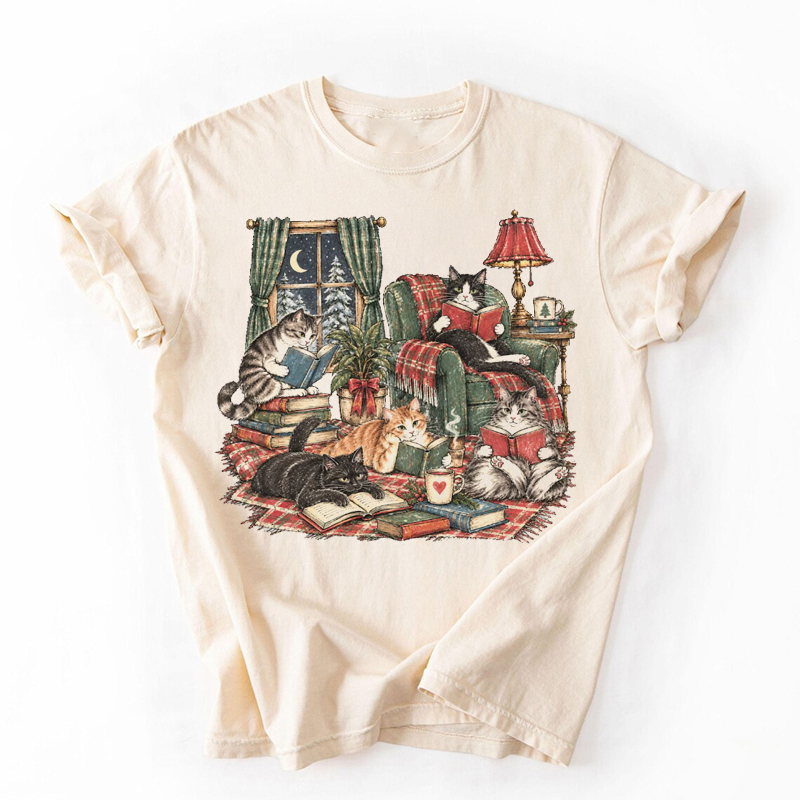 Christmas Cat Reading Books T-shirt