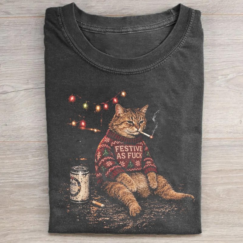 Smoking Cat Xmas T-shirt
