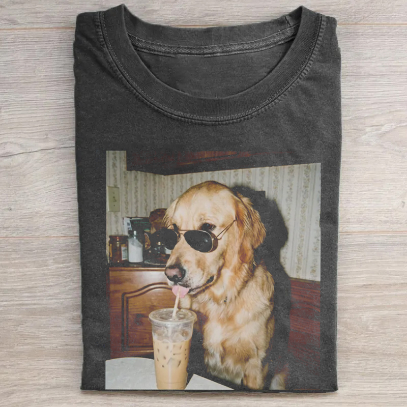 Funny Golden Retriever Drinking Iced Coffee T-Shirt