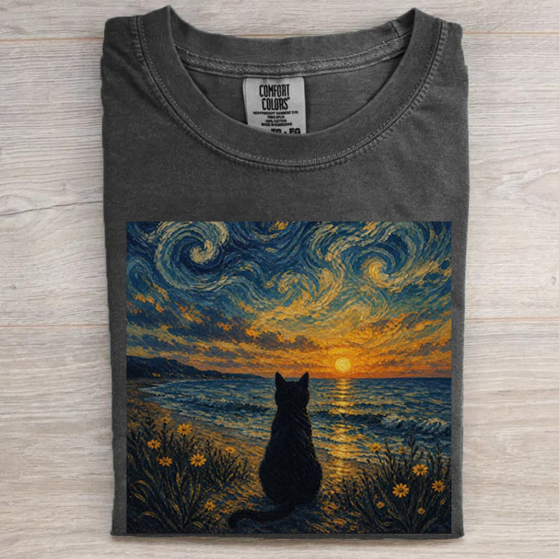 Retro Ocean Sunset Cat T-shirt
