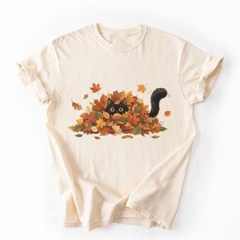 Black Cat Autumn Leaves T-shirt
