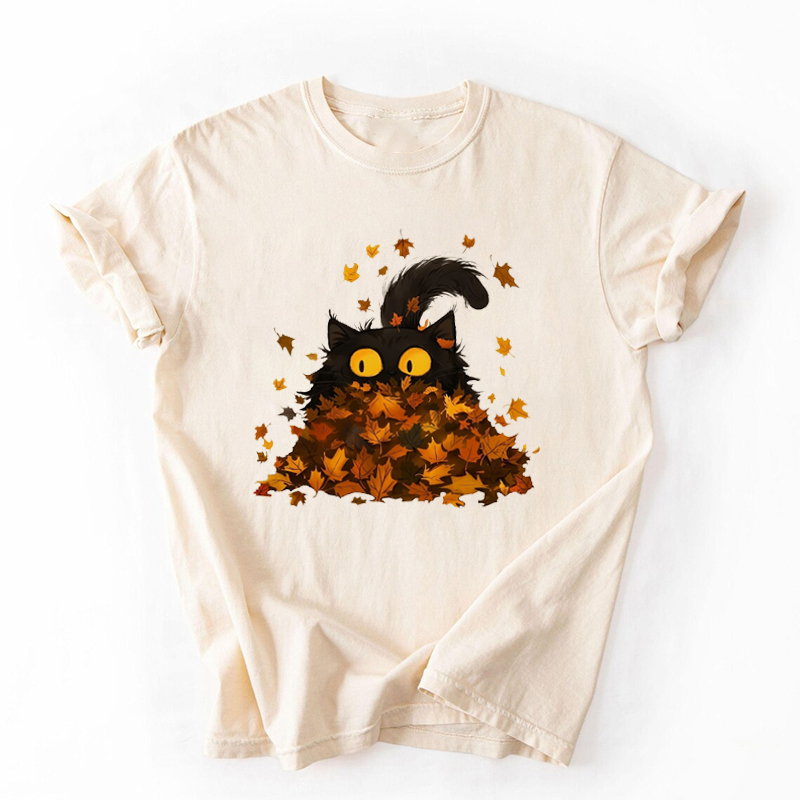 Black Cat Playing in Fall Leaves T-shirt
