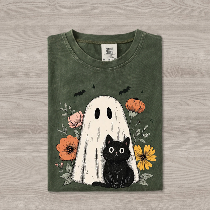 Halloween Retro Black Cat and Ghost T-shirt
