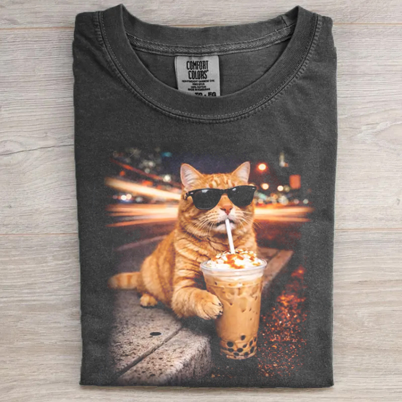 Funny Orange Cat Drinking Iced Coffee T-shirt