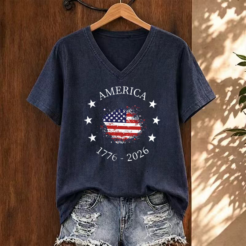 1776 2026 Land Of The Free Patriotic V-neck T-shirt