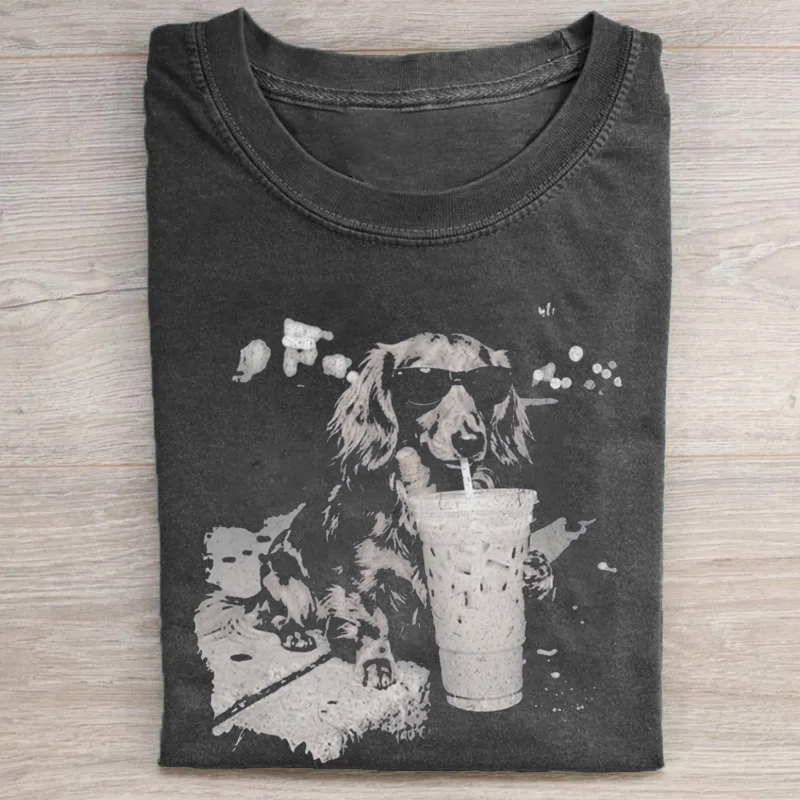 Funny Dog Drinking Iced Coffee T-shirt
