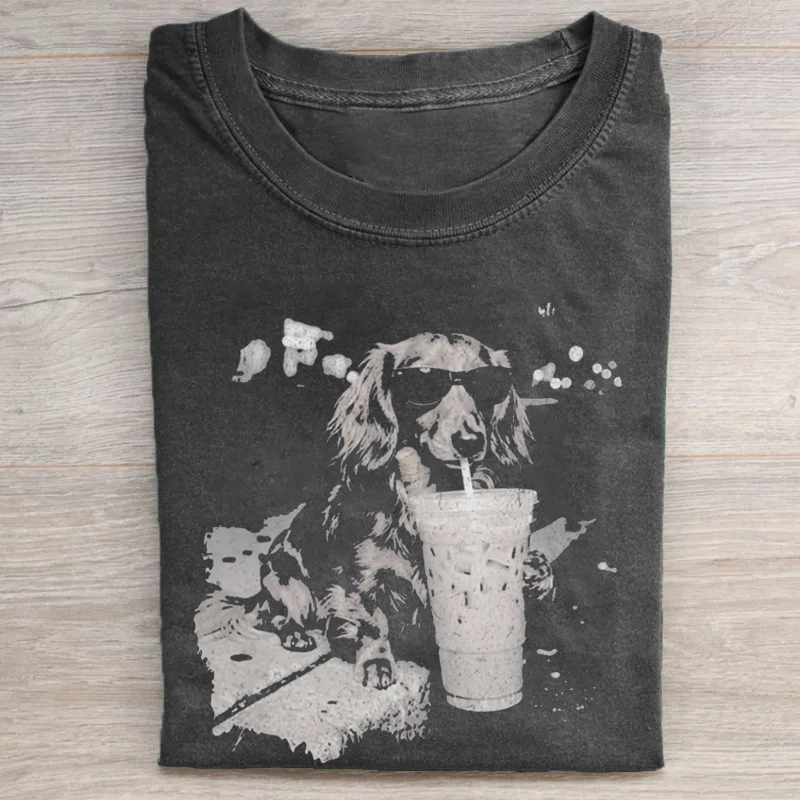 Funny Dog Drinking Iced Coffee T-shirt