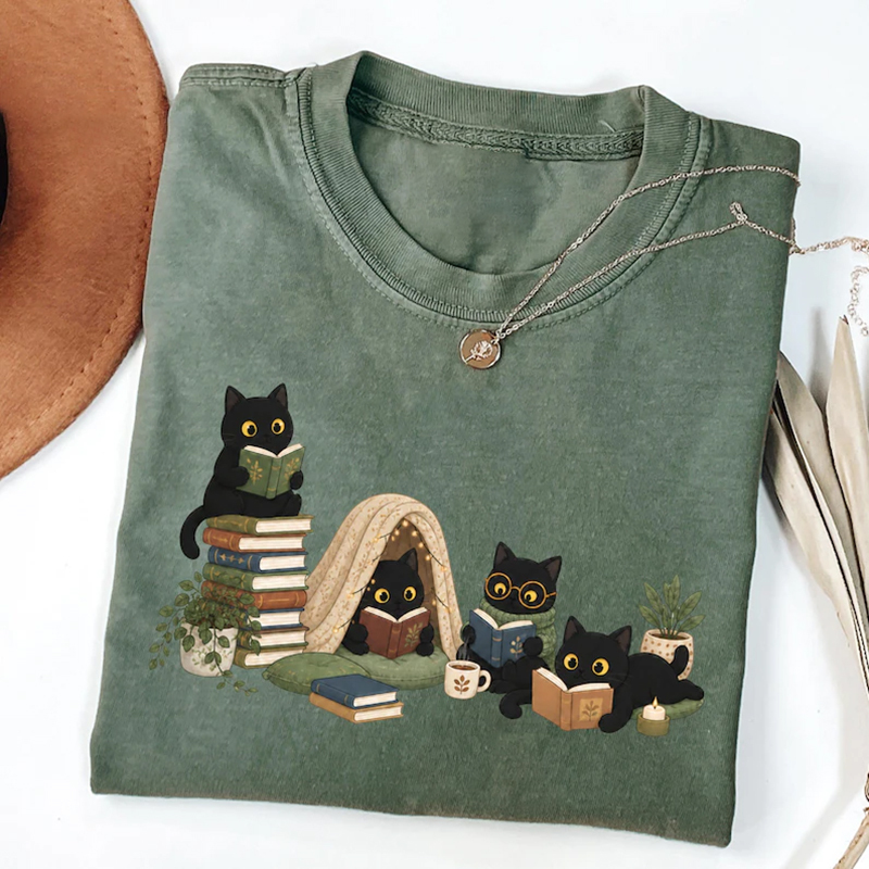 Black Cat Reading T-shirt