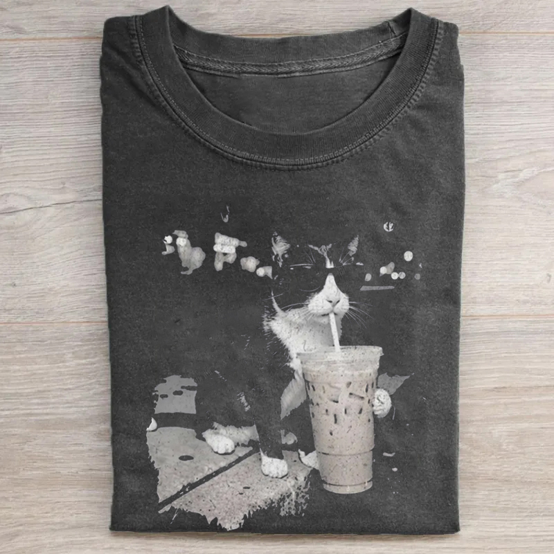 Funny Cat Drinking Iced Coffee T-shirt