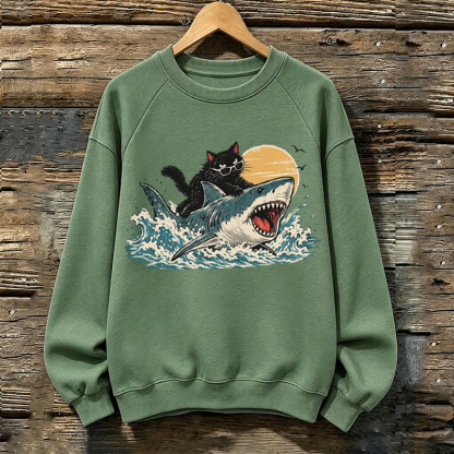 Funny Cat Riding Shark Sweatshirt