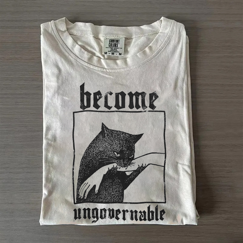 Become Ungovernable Funny Graphic Cat Biting Hand T-Shirt