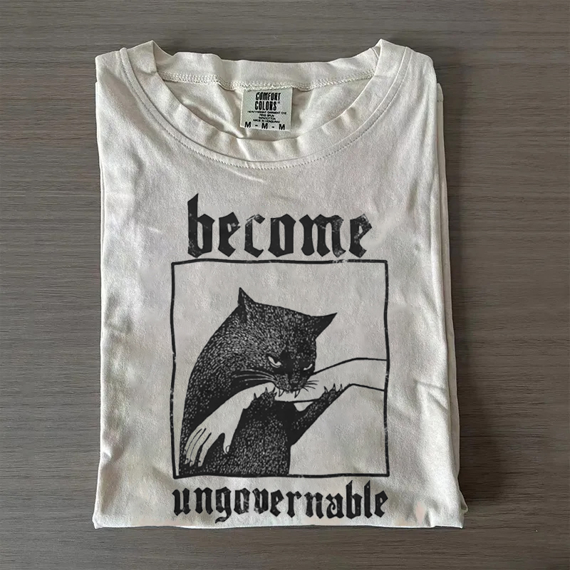 Become Ungovernable Funny Graphic Cat Biting Hand T-Shirt