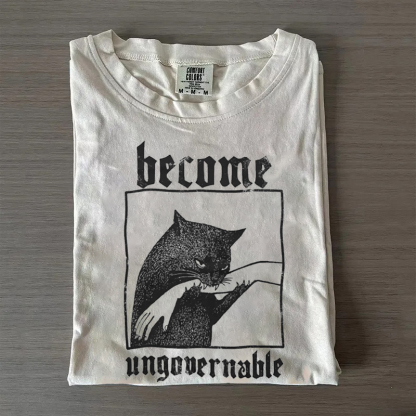 Become Ungovernable Funny Graphic Cat Biting Hand T-Shirt