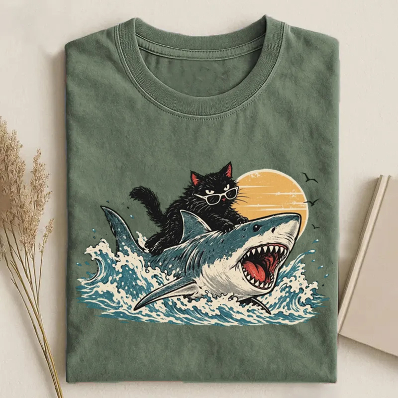 Funny Cat Riding Shark T-shirt