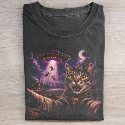 Halloween Alien Cat UFO Selfie T-shirt