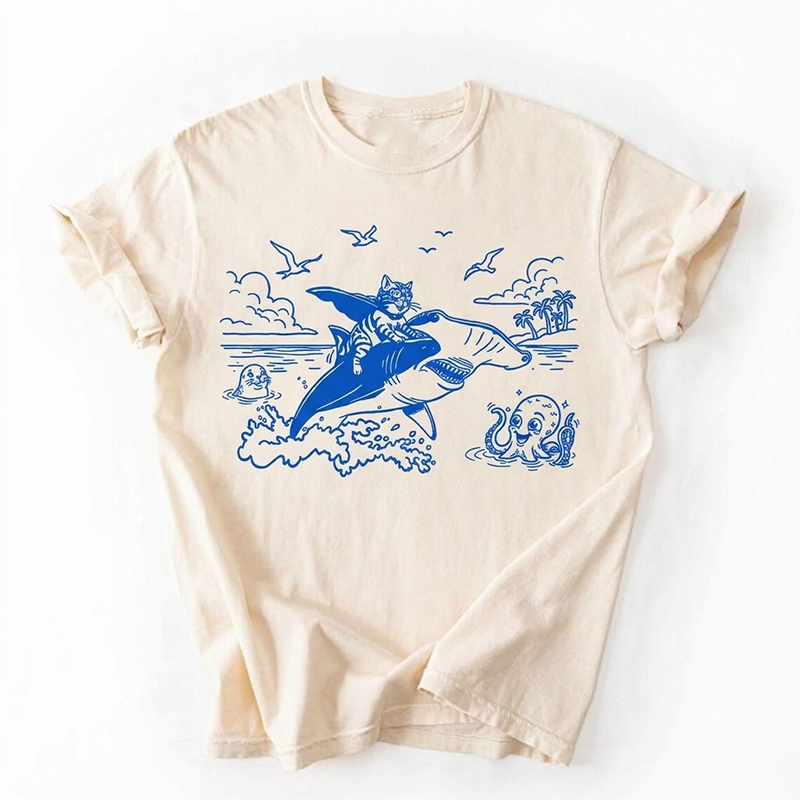 Cat Riding Shark T-shirt