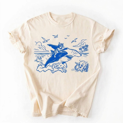 Cat Riding Shark T-shirt