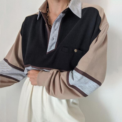 Casual Retro Contrast Color Stitching Polo Sweatshirt