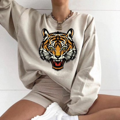 Tiger Head Print Crew Neck Long Sleeve Sweatshirt