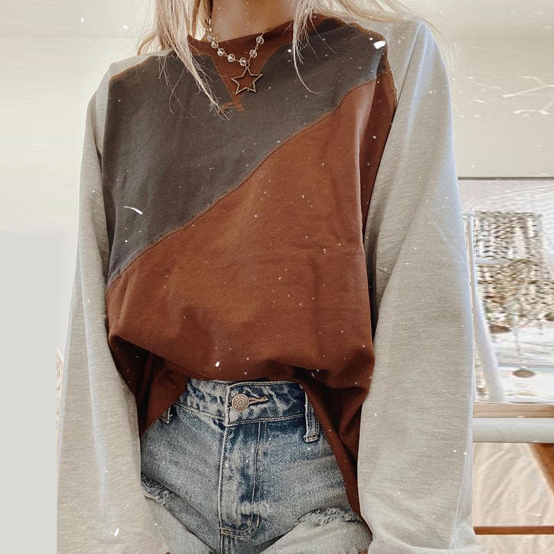 Vintage Round Neck Contrast Color Sweatshirt