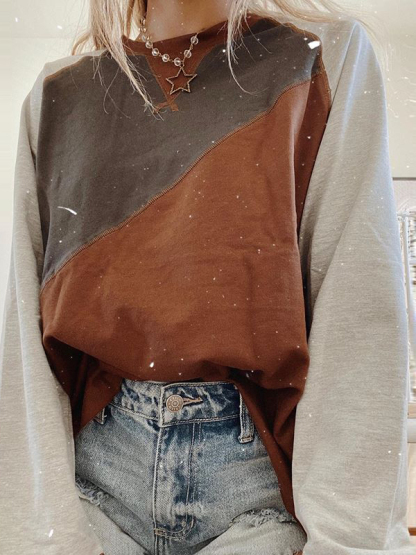 Vintage Round Neck Contrast Color Sweatshirt