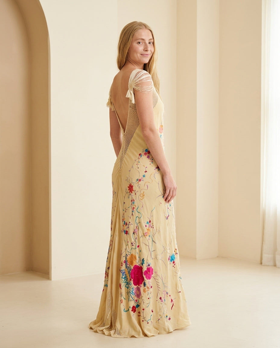Ivory Gleam Evening Embroidered Maxi Dress Ivory Maxi Dress with Relaxed Fit silhouette and Textured texture, front view product image for Date Night, an estate dinner at golden hour, US East / Hamptons Elite by rumoved