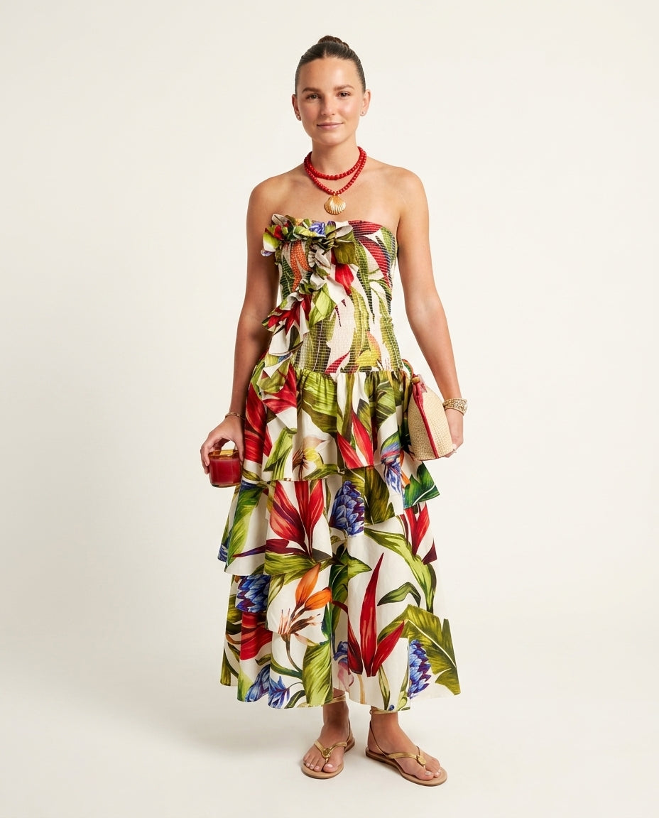 Ivory Lustre Resort Tropical Maxi Dress Ivory Maxi Dress with Relaxed Fit silhouette and Textured texture, front view product image for Resort Wear, Brunch in SoHo, US Coastal Glam by rumoved