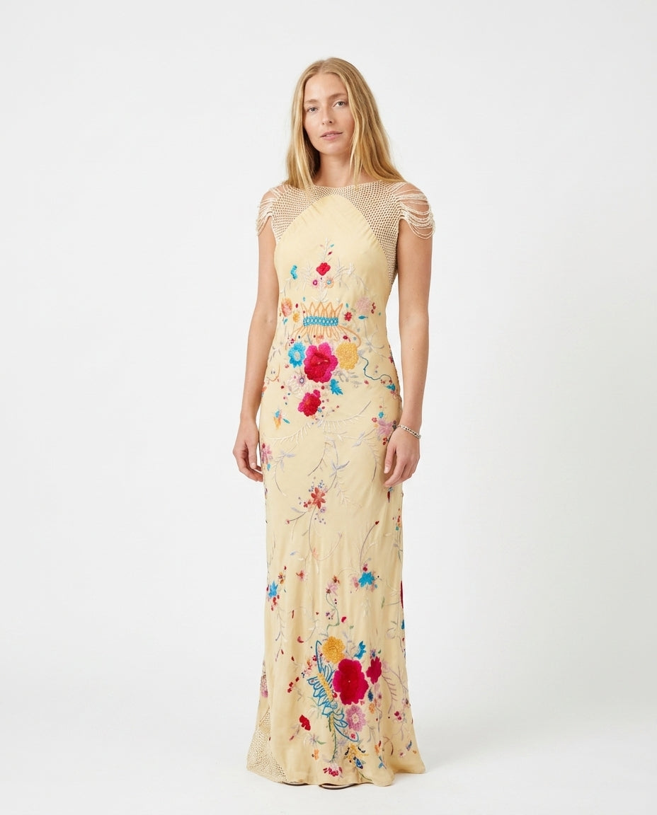 Ivory Gleam Evening Embroidered Maxi Dress Ivory Maxi Dress with Relaxed Fit silhouette and Textured texture, clean studio product view for Date Night, an estate dinner at golden hour, US East / Hamptons Elite by rumoved