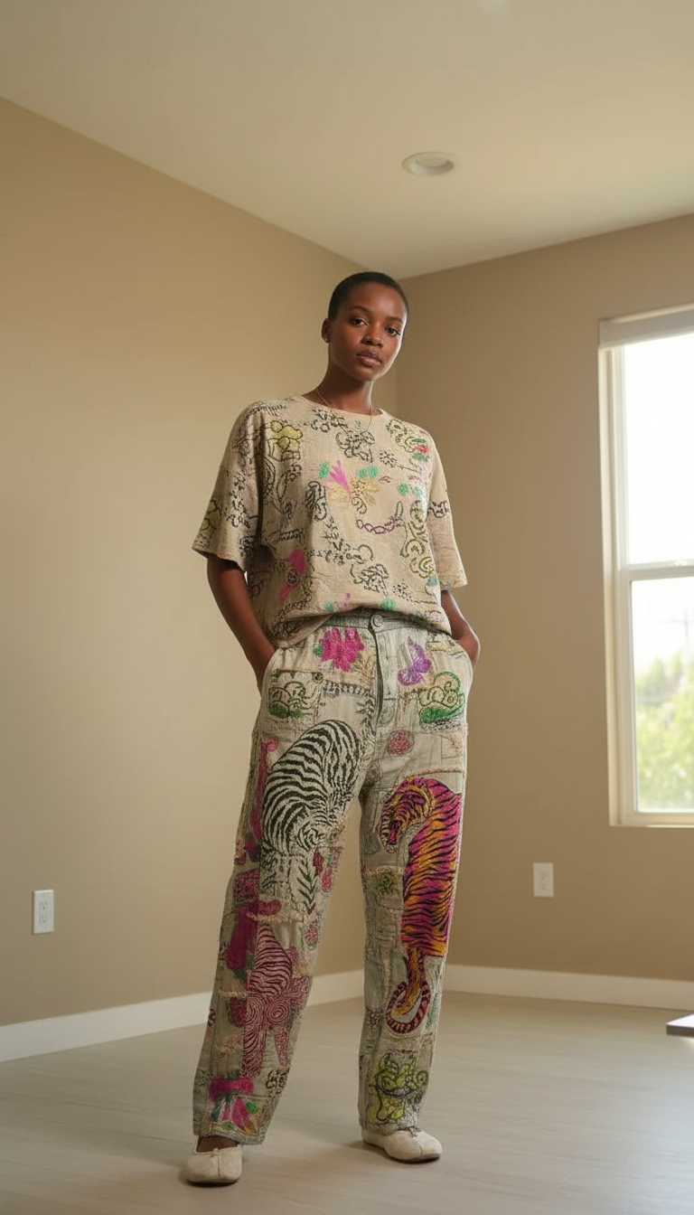 Beige Embroidered Print Embroidered Embroidery Pant Set product image 3