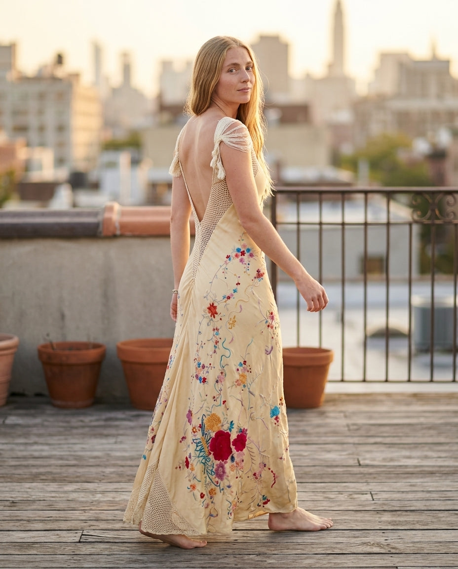 Ivory Gleam Evening Embroidered Maxi Dress Ivory Maxi Dress with Relaxed Fit silhouette and Textured texture, outdoor styling image for Date Night, an estate dinner at golden hour, US East / Hamptons Elite by rumoved