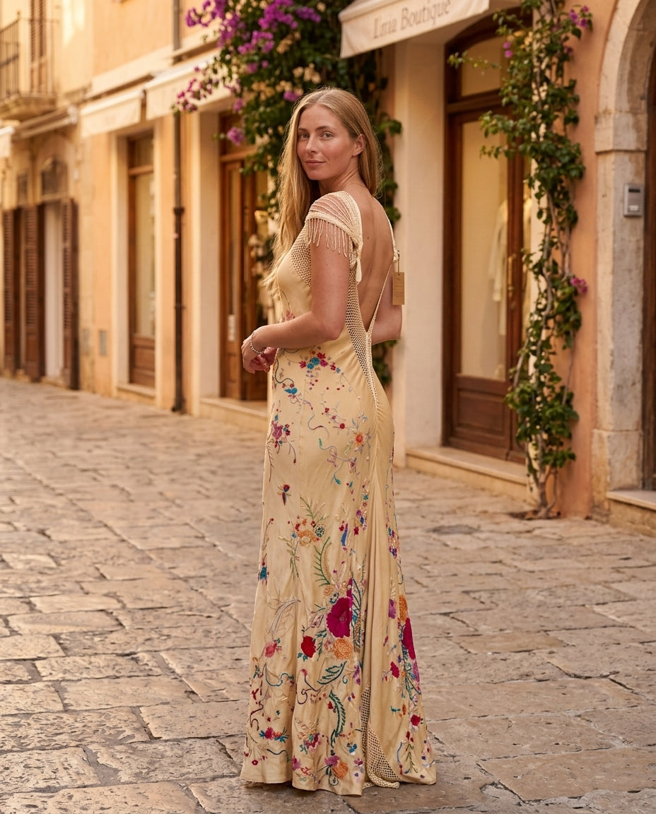Ivory Gleam Evening Embroidered Maxi Dress Ivory Maxi Dress with Relaxed Fit silhouette and Textured texture, fabric and construction detail for Date Night, an estate dinner at golden hour, US East / Hamptons Elite by rumoved