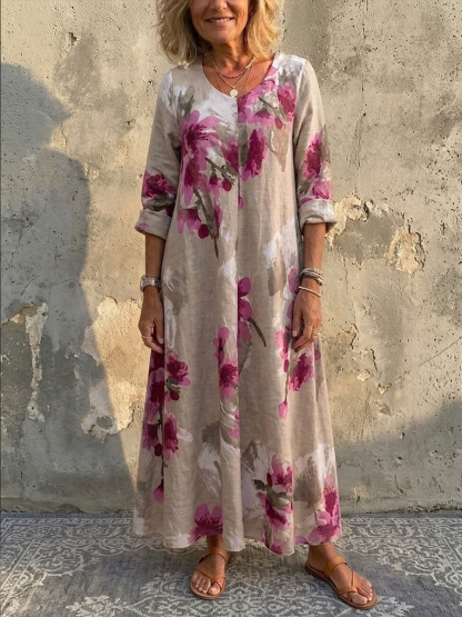 Elena™ Elegant Boho-Maxikleid aus Baumwoll-Leinen mit Blumenmuster & Taschen