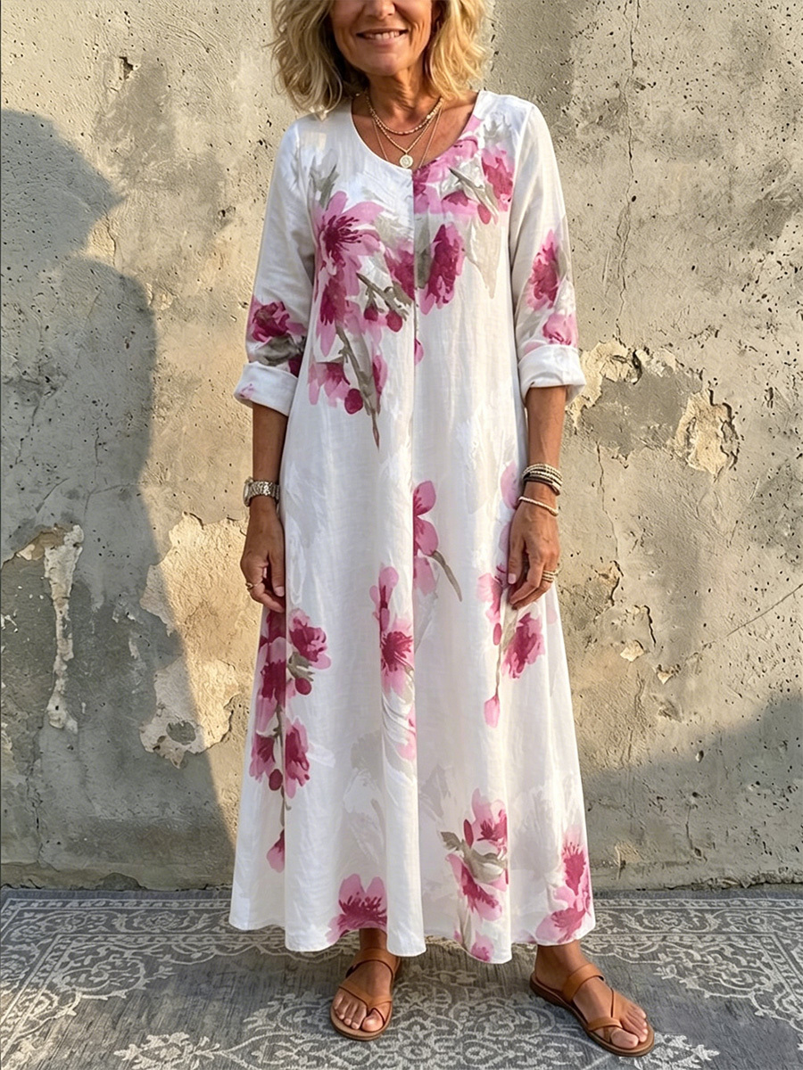 Elena™ Elegant Boho-Maxikleid aus Baumwoll-Leinen mit Blumenmuster & Taschen