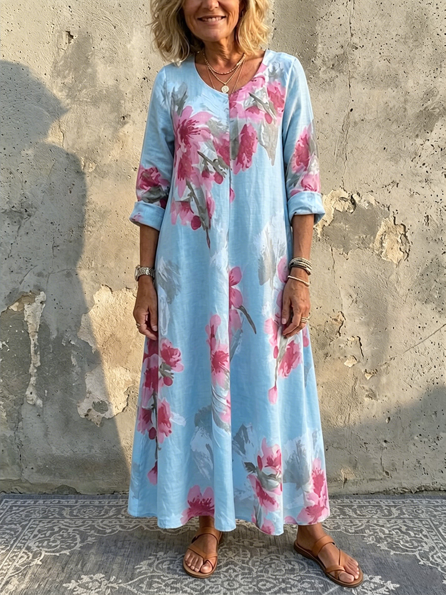 Elena™ Elegant Boho-Maxikleid aus Baumwoll-Leinen mit Blumenmuster & Taschen