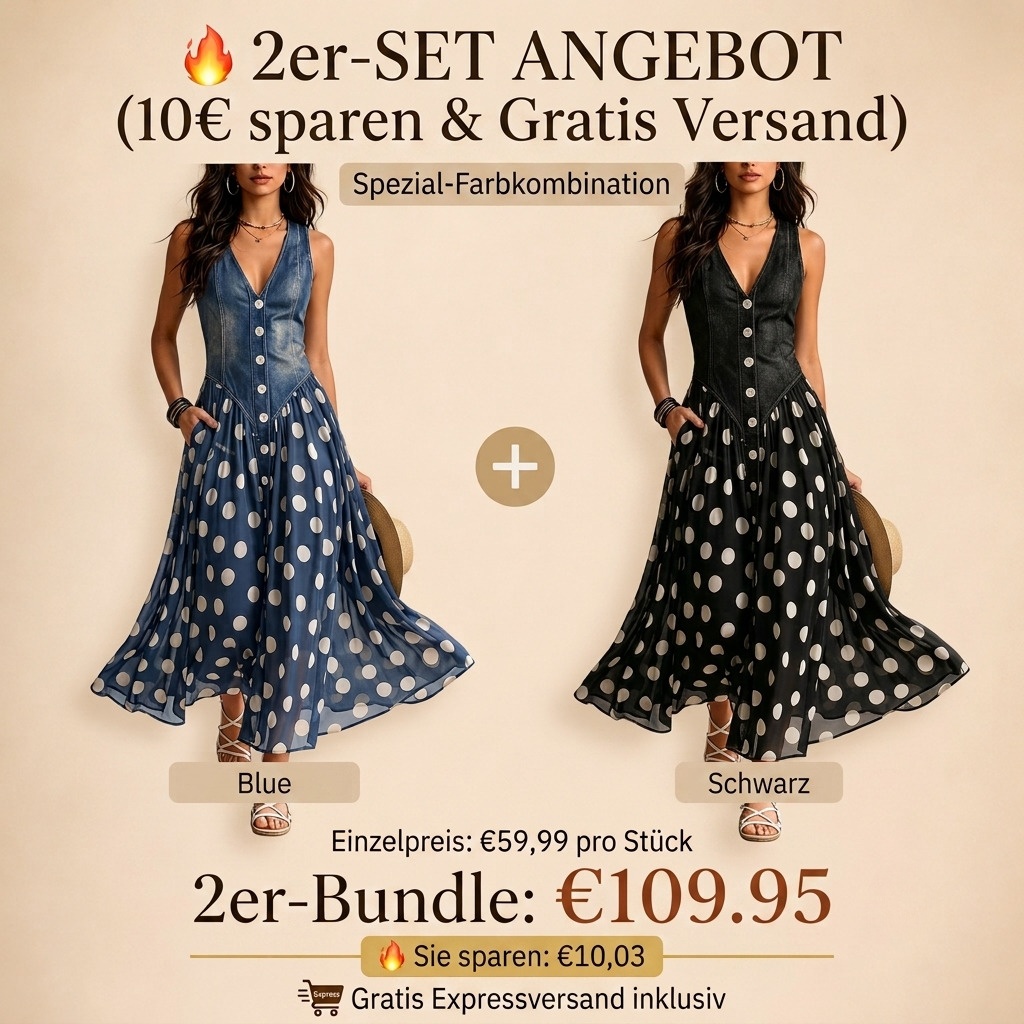 Retro-Maxikleid „Sienna“: Elegantes Denim-Optik Kleid mit Polka-Dot-Chiffonrock & Knopfleiste