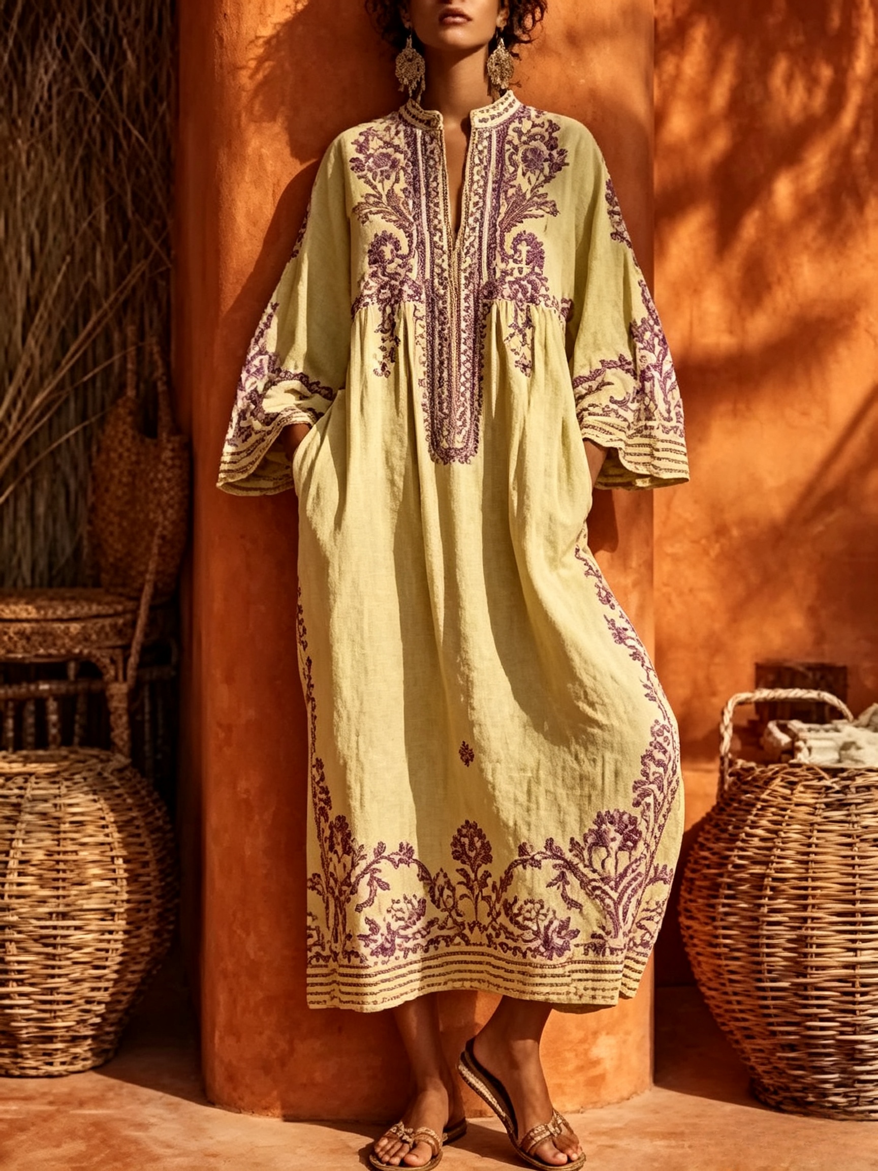 Luftiges Boho Leinen-Maxikleid mit Blumenmuster & Taschen