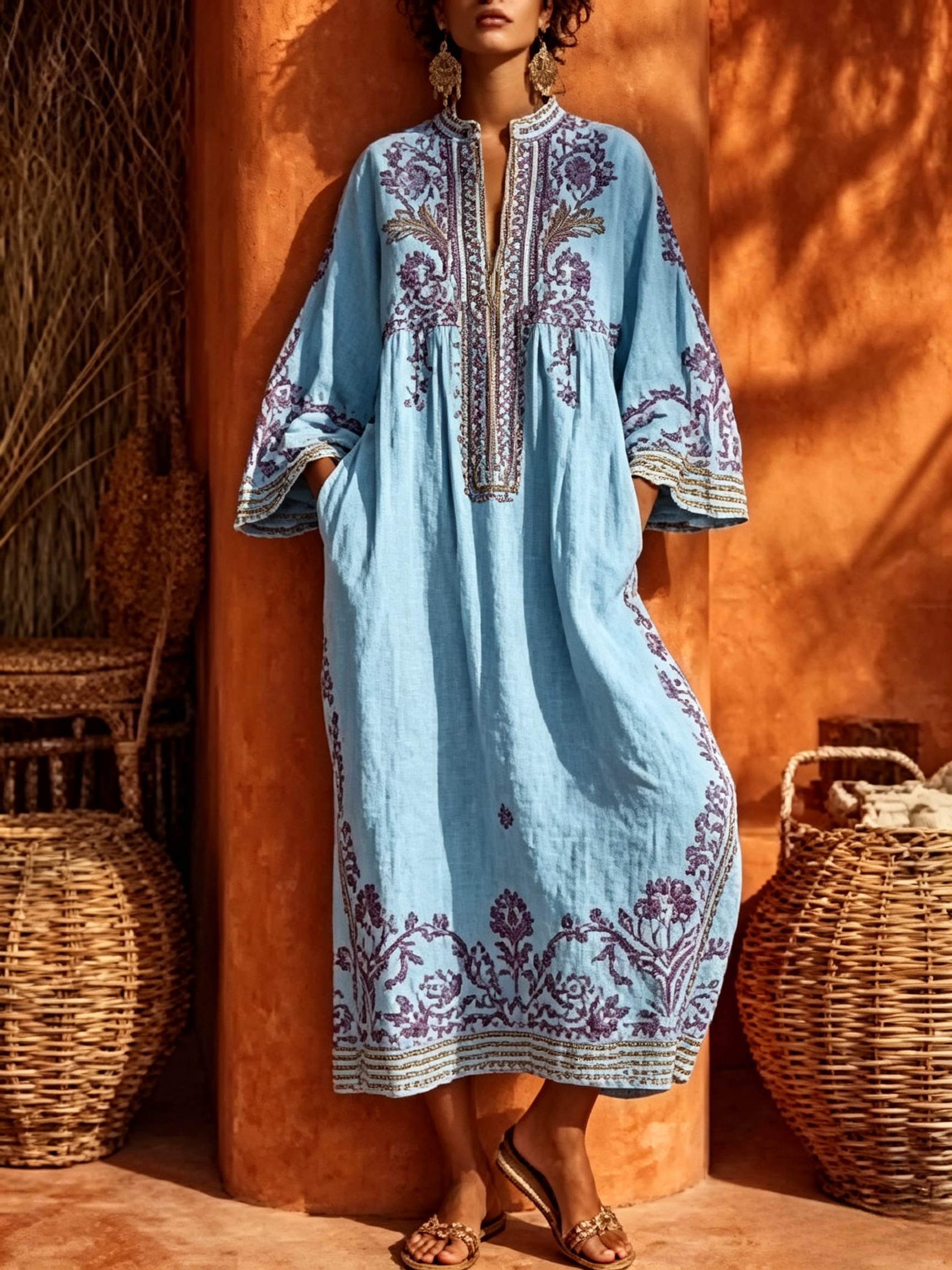 Luftiges Boho Leinen-Maxikleid mit Blumenmuster & Taschen