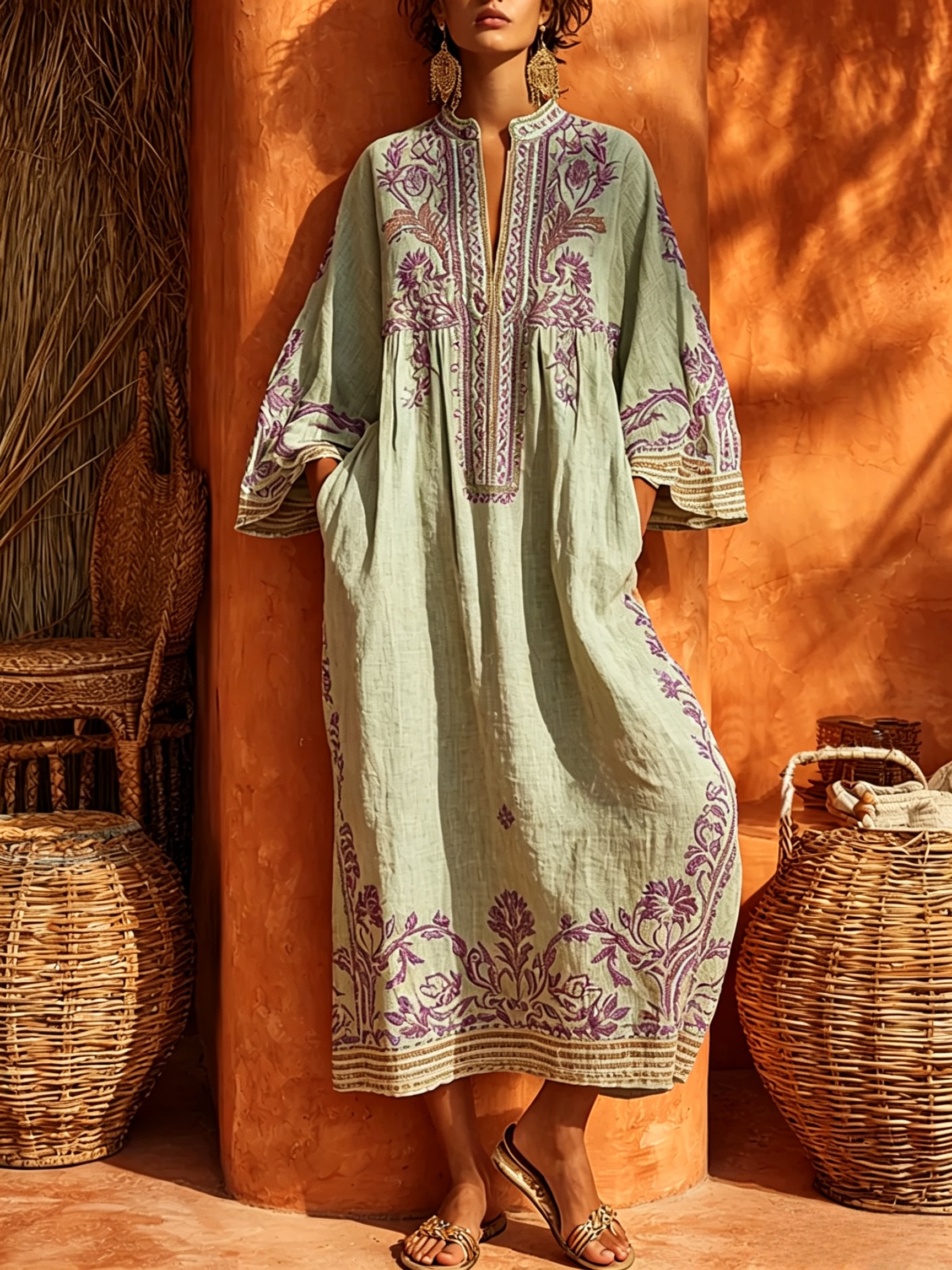 Luftiges Boho Leinen-Maxikleid mit Blumenmuster & Taschen