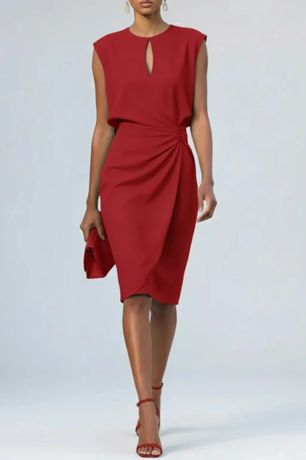 Elegantes Midi-Etuidress mit strukturierter Schulterpartie und Taillen-Raffung – Figurschmeichelndes Kleid mit Tröpfchen-Ausschnitt