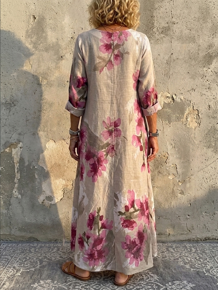 Elena™ Elegant Boho-Maxikleid aus Baumwoll-Leinen mit Blumenmuster & Taschen