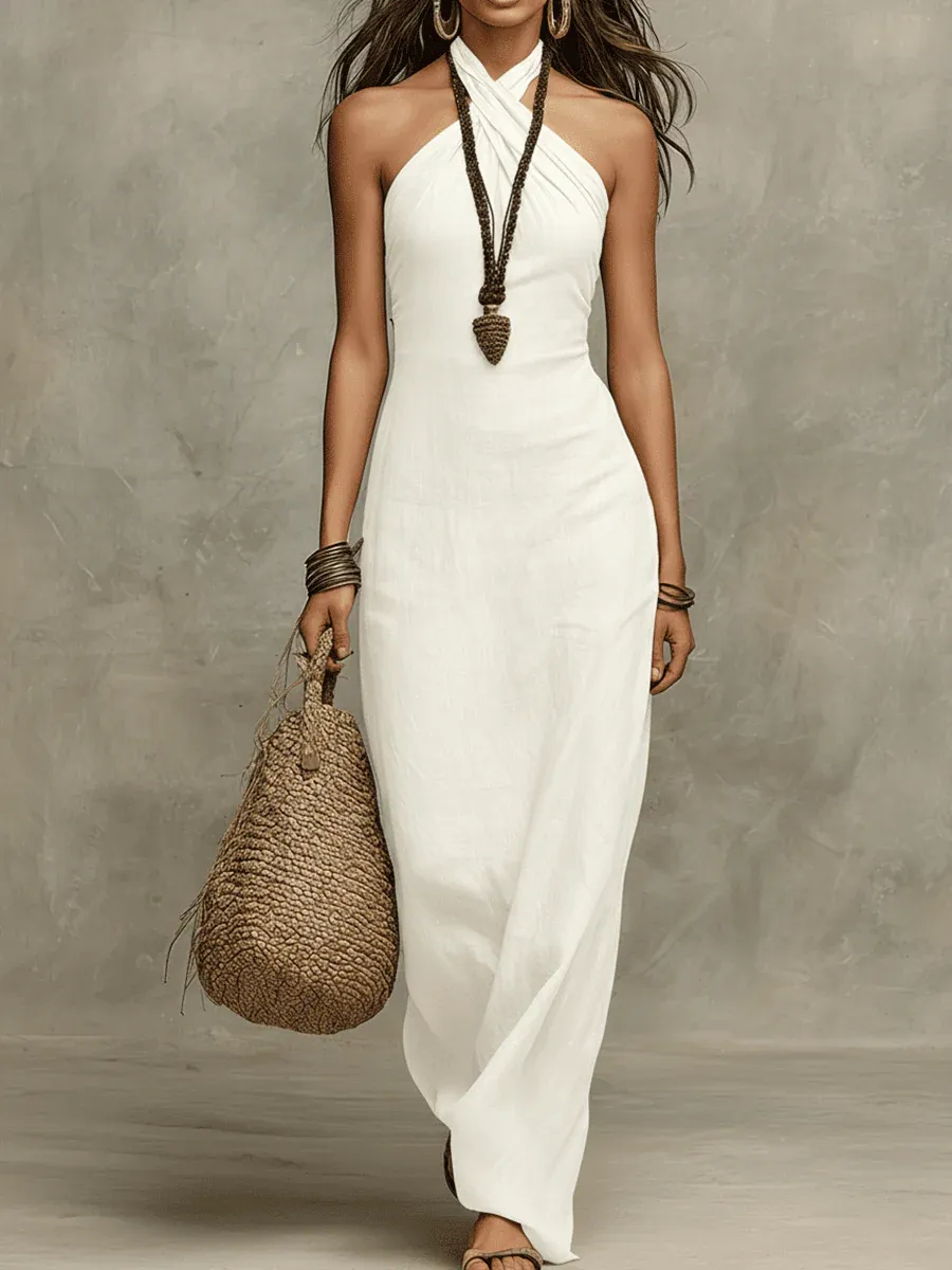 Elegant Neckholder Maxikleid in Leinen-Optik – Rückenfreies Sommerkleid für Urlaub & Strand