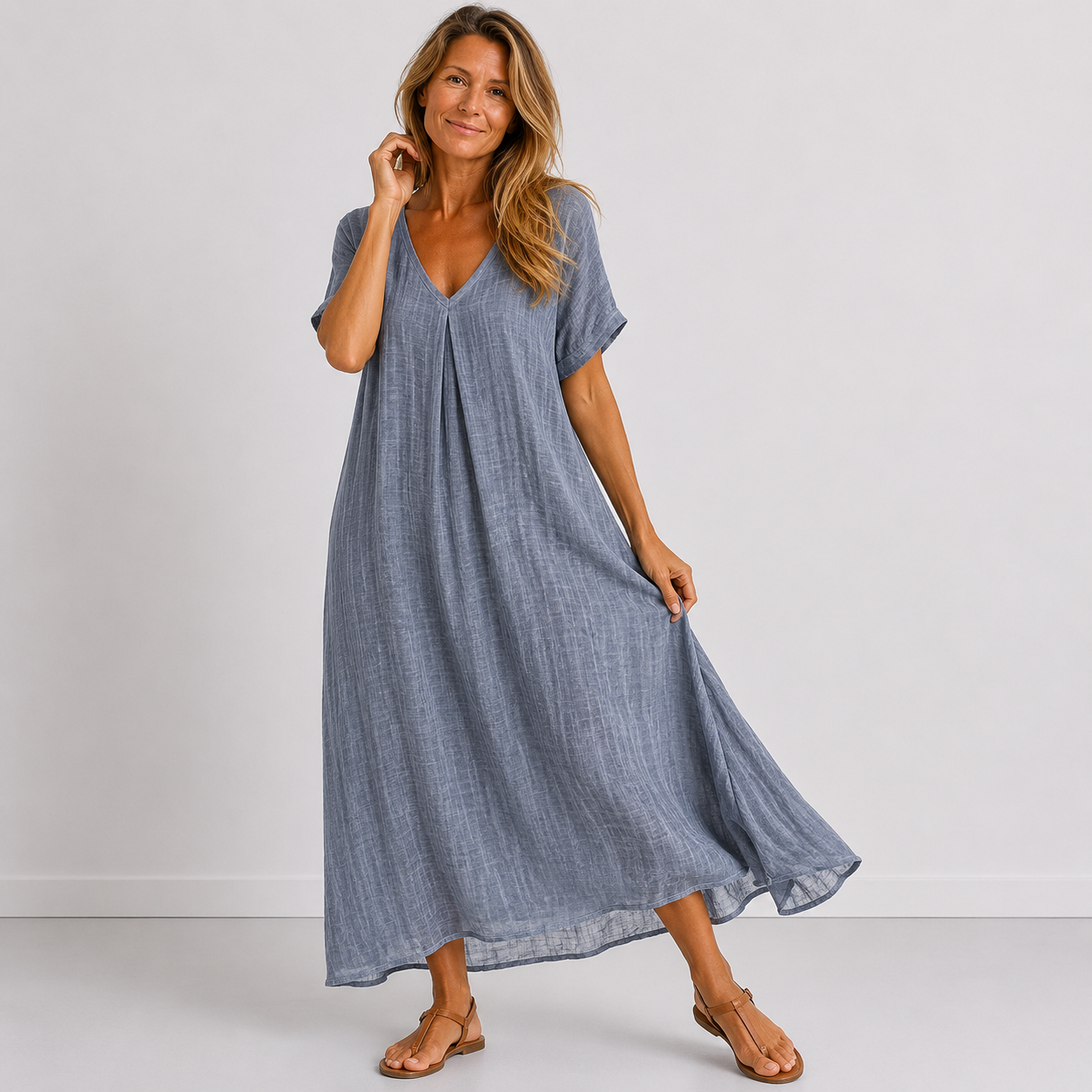 Violette™ Elegant-luftiges Leinen-Maxikleid mit V-Ausschnitt & figurfreundlicher A-Linie