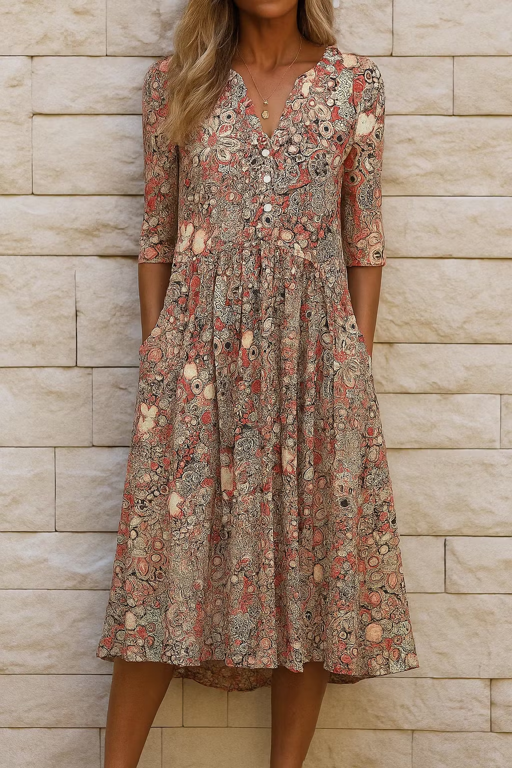 Elena™ Elegantes Vintage-Kleid mit V-Ausschnitt – Luftiges Sommerkleid mit praktischen Taschen